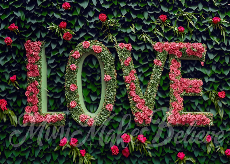 Kate Valentine Pink Flower Love Letters on Grass Wall Backdrop Designed by Mini MakeBelieve