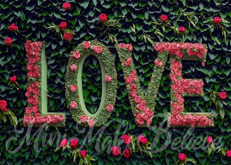 Kate Valentine Pink Flower Love Letters on Grass Wall Backdrop Designed by Mini MakeBelieve