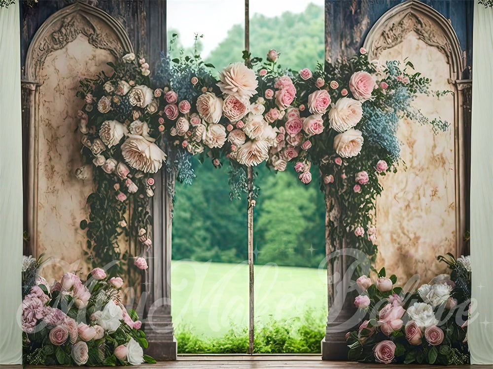Kate Pink Rose Floral Outside Wedding Wall Backdrop for Photography