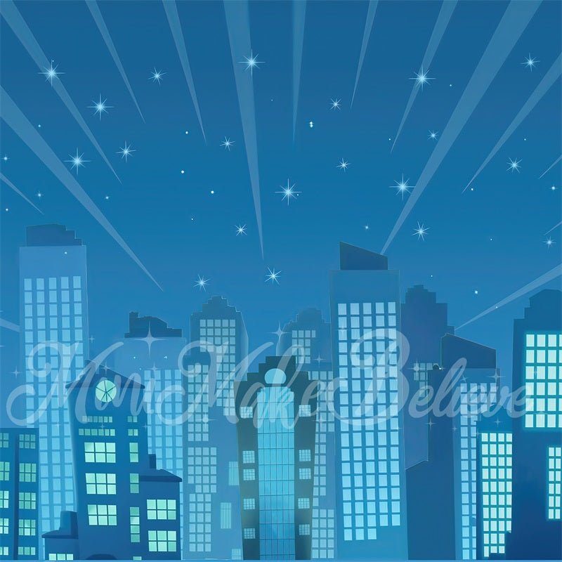 Kate Birthday Cake Smash Superhero City Buildings Cartoon Blue Night Backdrop Designed by Mini MakeBelieve