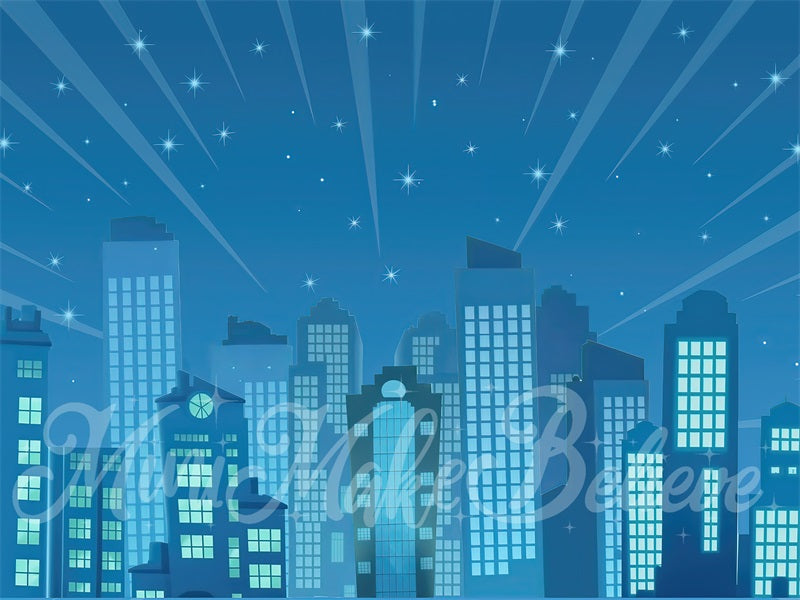 Kate Birthday Cake Smash Superhero City Buildings Cartoon Blue Night Backdrop Designed by Mini MakeBelieve