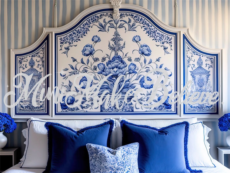 Kate Painted Blue and White Delft Style Boudoir Headboard Backdrop Designed by Mini MakeBelieve