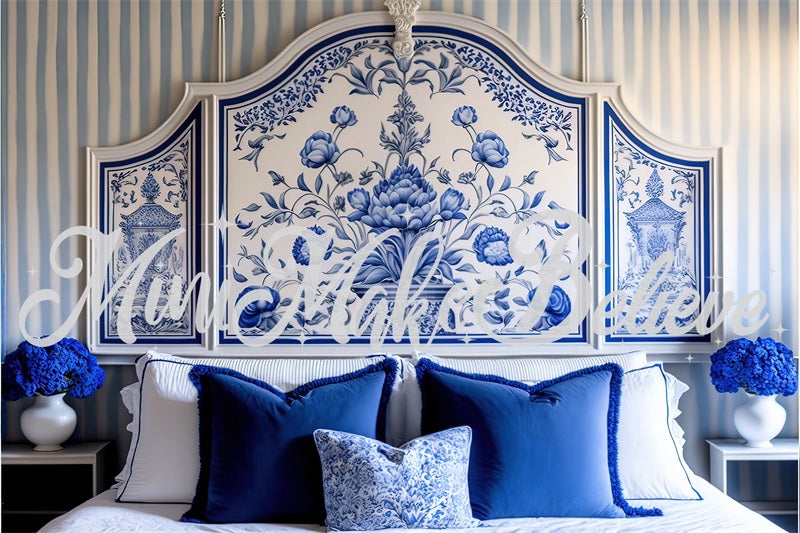 Kate Painted Blue and White Delft Style Boudoir Headboard Backdrop Designed by Mini MakeBelieve