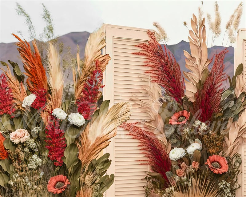 Kate Painterly Boho Cream Wood Doors Dried Flowers Pampas Backdrop Designed by Mini MakeBelieve