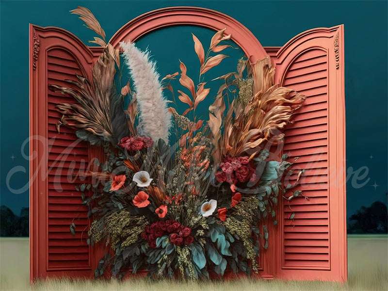 Kate Painterly Boho Outdoors Wood Doors Dried Flowers Pampas Backdrop Designed by Mini MakeBelieve