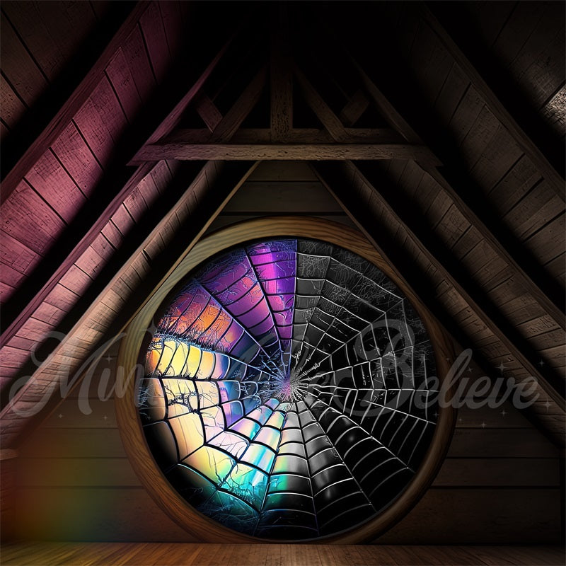 Kate Spooky Halloween Attic Dorm Room Colorful Spiderweb Window Backdrop Designed by Mini MakeBelieve