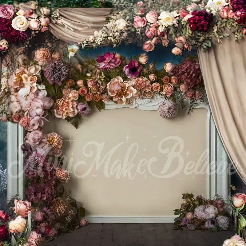 Kate Painterly Fine Art Floral Antique Fireplace with Curtains Backdrop Designed by Mini MakeBelieve
