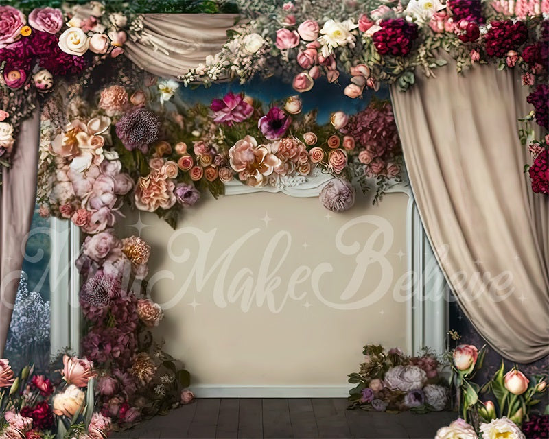 Kate Painterly Fine Art Floral Antique Fireplace with Curtains Backdrop Designed by Mini MakeBelieve
