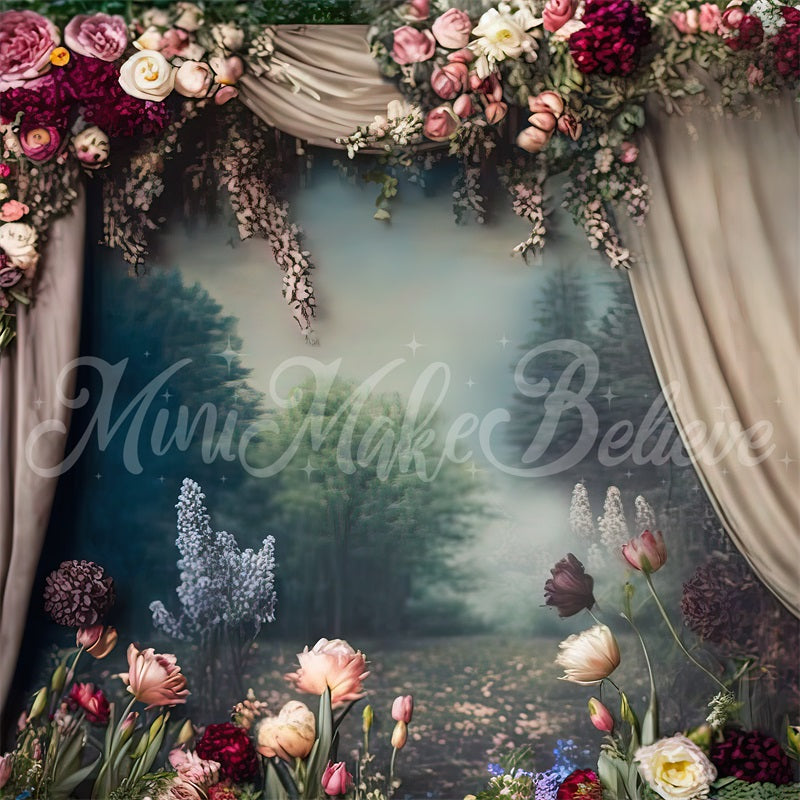 Kate Painterly Fine Art Floral Vintage Landscape with Curtains Backdrop Designed by Mini MakeBelieve