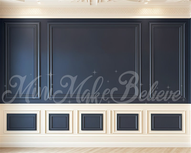 Kate Painterly Navy Cream Interior Wall with Trim Backdrop Designed by Mini MakeBelieve