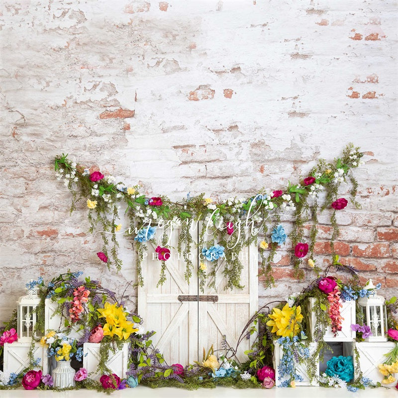 Kate Vibrant Blossoms Floral Brick Wall Backdrop Designed by Megan Leigh Photography