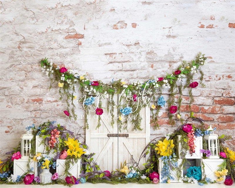 Kate Vibrant Blossoms Floral Brick Wall Backdrop Designed by Megan Leigh Photography