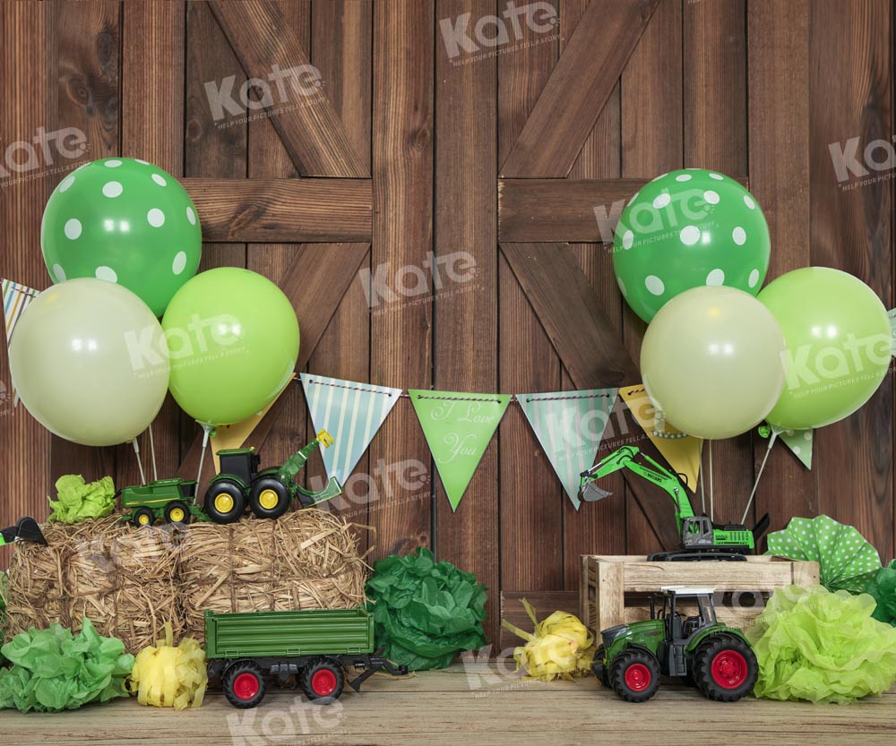 Kate Wood Planks Green Farm Excavator Balloon Backdrop Designed by Emetselch