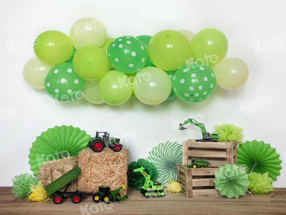 Kate Birthday Green Balloon Excavator Backdrop Designed by Emetselch