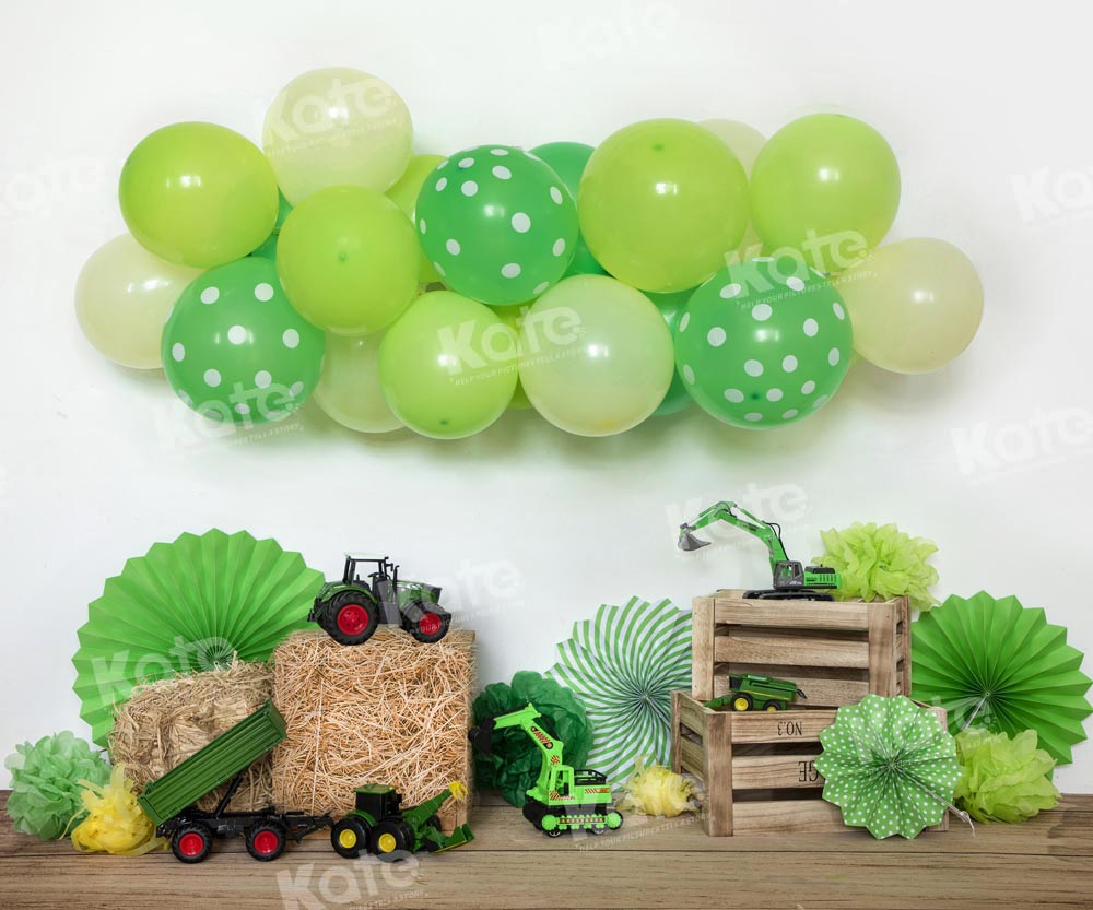 Kate Birthday Green Balloon Excavator Backdrop Designed by Emetselch