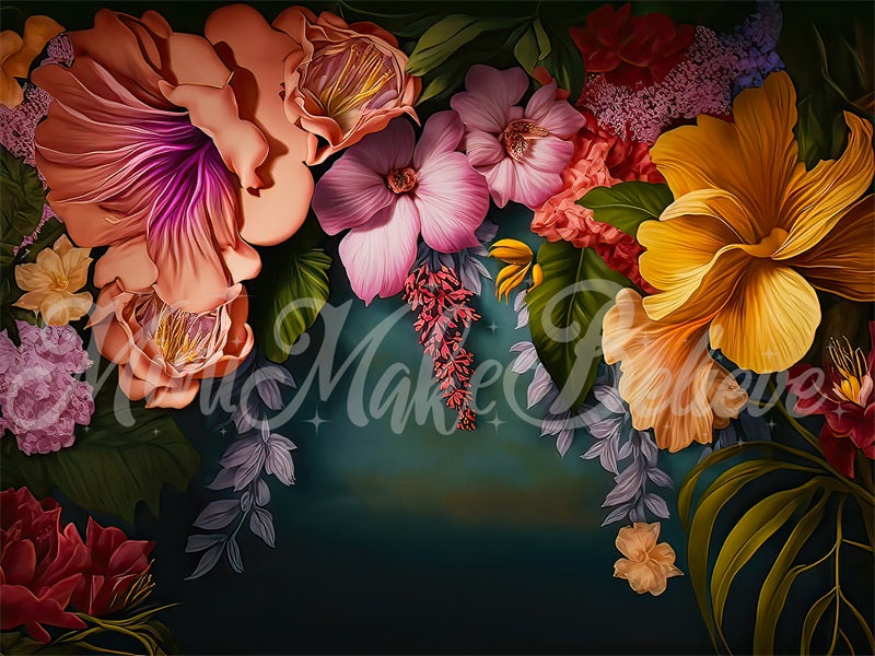 Kate Painterly Fine Art Tropical Summer Floral Arch Backdrop Designed by Mini MakeBelieve