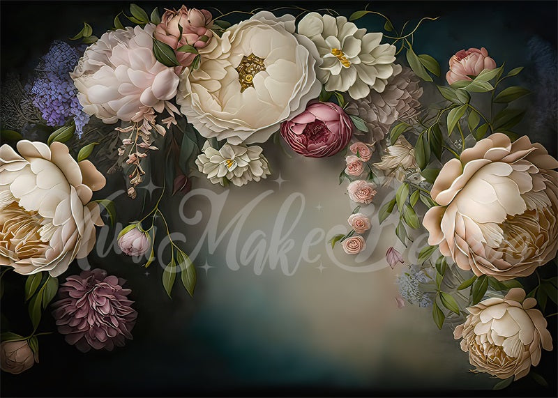 Kate Blue White Painterly Fine Art Floral Backdrop Designed by Mini MakeBelieve