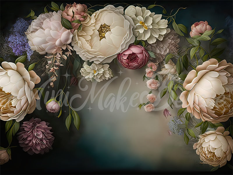 Kate Blue White Painterly Fine Art Floral Backdrop Designed by Mini MakeBelieve