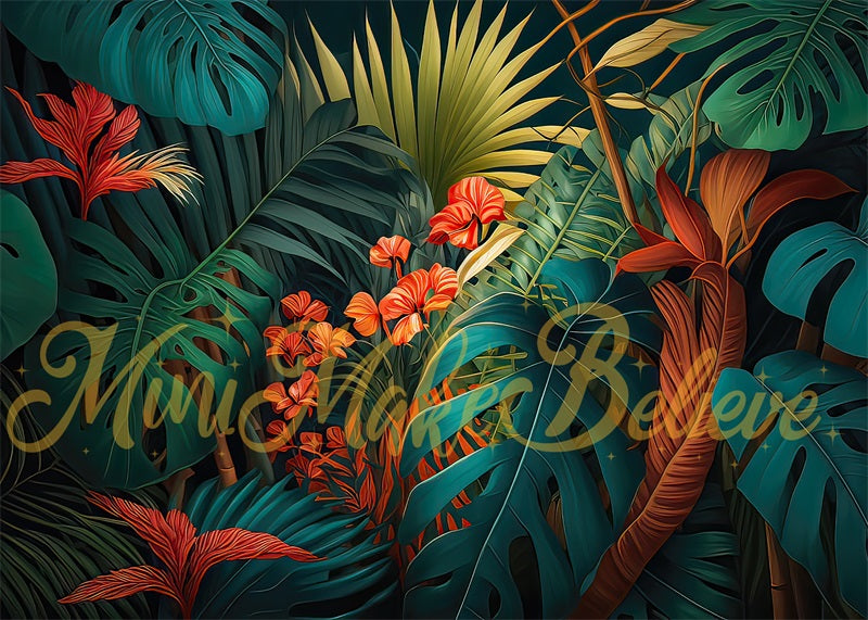 Kate Pop Art Green Tropical Flowers Backdrop Designed by Mini MakeBelieve