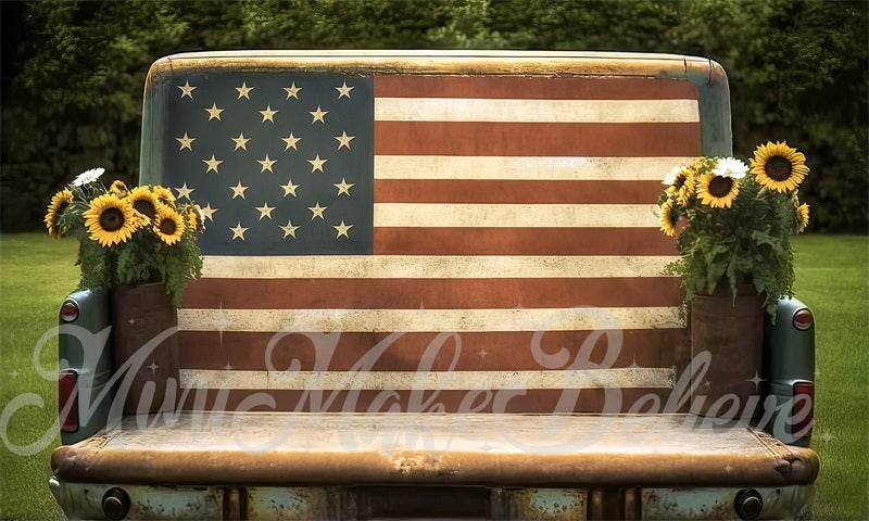 Kate Painterly American Flag July 4th Independence Sunflower Truck Backdrop Designed by Mini MakeBelieve