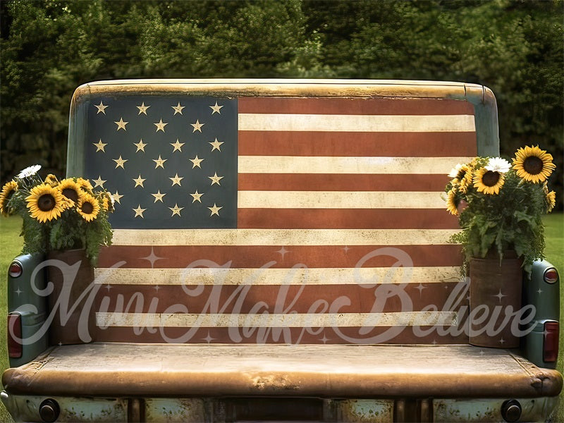 Kate Painterly American Flag July 4th Independence Sunflower Truck Backdrop Designed by Mini MakeBelieve