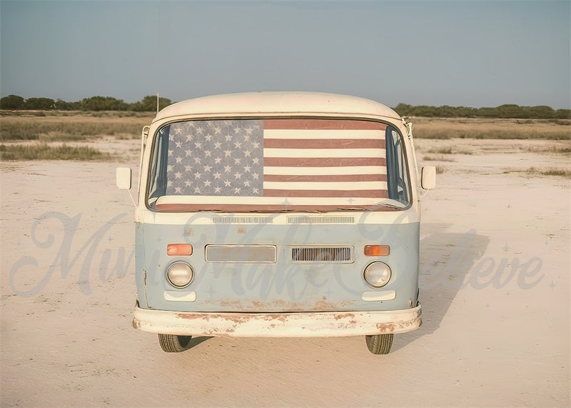 Kate Painterly Retro Van American Flag Beach Summer Backdrop Designed by Mini MakeBelieve