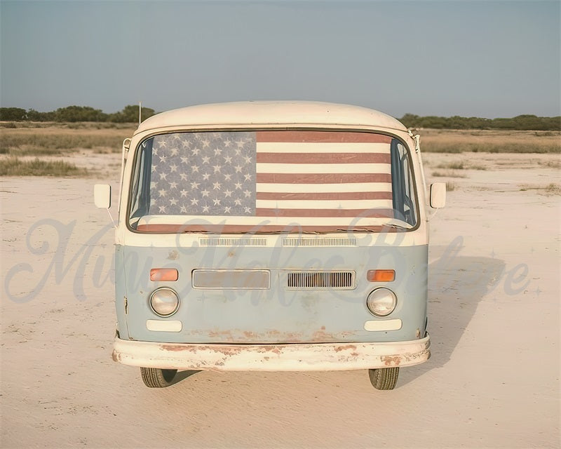 Kate Painterly Retro Van American Flag Beach Summer Backdrop Designed by Mini MakeBelieve