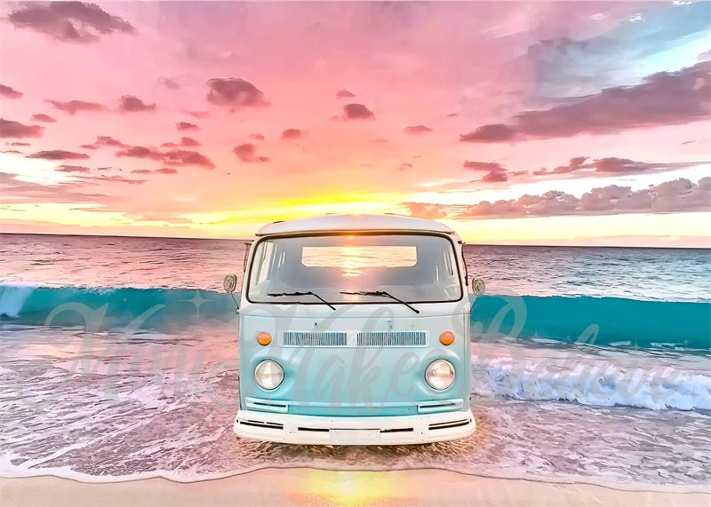 Kate Painterly Retro Van Waves Beach Summer Sunset Backdrop Designed by Mini MakeBelieve