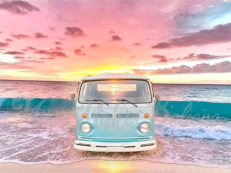 Kate Painterly Retro Van Waves Beach Summer Sunset Backdrop Designed by Mini MakeBelieve