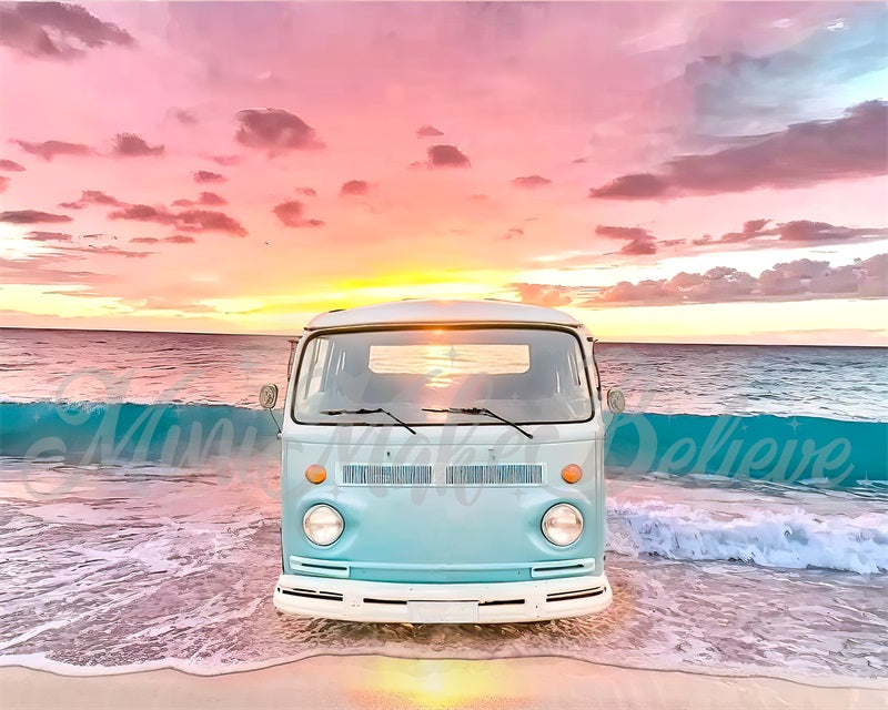 Kate Painterly Retro Van Waves Beach Summer Sunset Backdrop Designed by Mini MakeBelieve