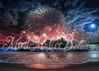 Kate Painterly July 4 Independence Red White Blue Fireworks Over Beach Printed Backdrop Designed by Mini MakeBelieve