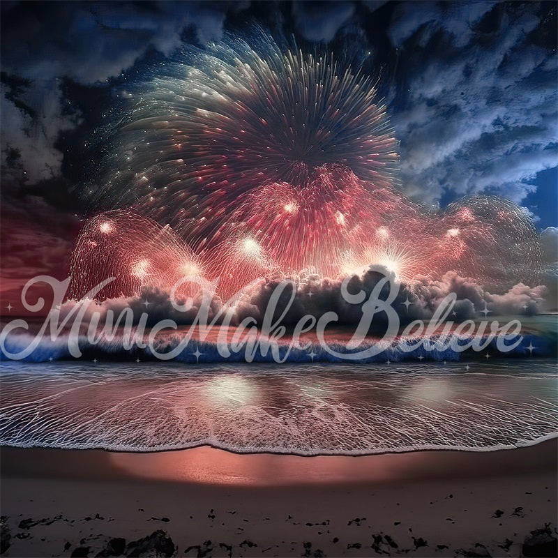 Kate Painterly July 4 Independence Red White Blue Fireworks Over Beach Backdrop Designed by Mini MakeBelieve