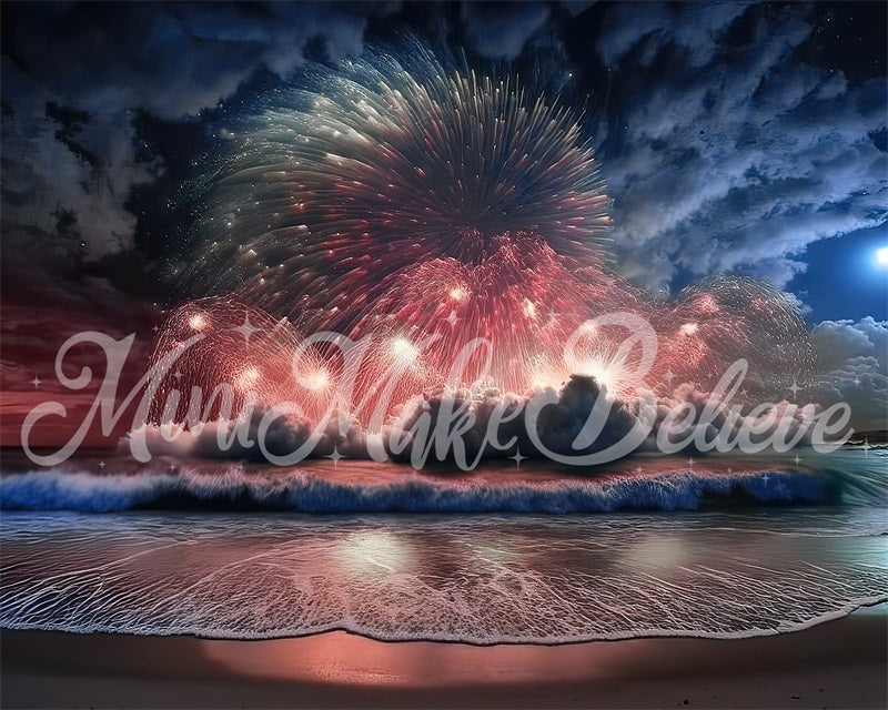 Kate Painterly July 4 Independence Red White Blue Fireworks Over Beach Backdrop Designed by Mini MakeBelieve