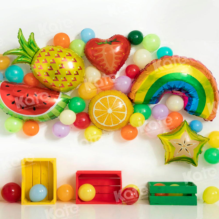 Vibrant Fruit and Rainbow Balloon Backdrop