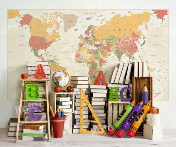 Kate Back to School World Map Book Shelf Backdrop Designed by Emetselc