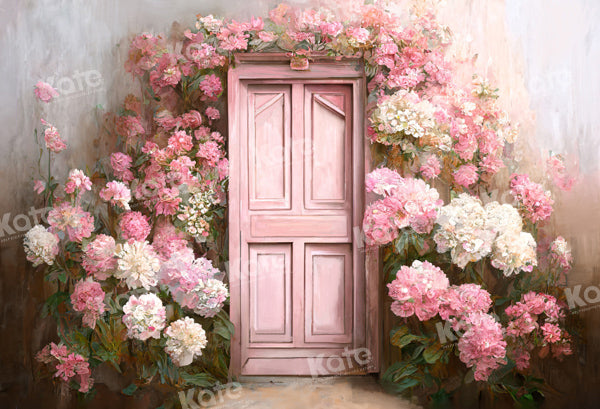 Kate Spring Fantasy Pink Flower Wall Retro Door Backdrop Designed by Chain Photography