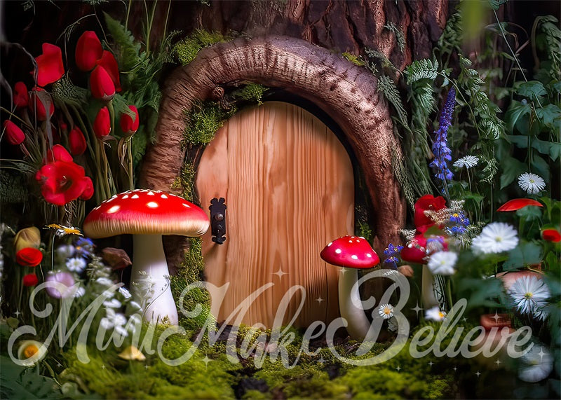 Kate Painterly Fine Art Enchanted Woodland Mushroom Door Gnome Fairy Backdrop Designed by Mini MakeBelieve