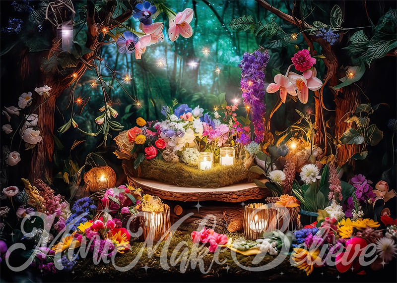 Kate Painterly Fine Art Fairy Lights Enchanted Forest at Night Backdrop Designed by Mini MakeBelieve
