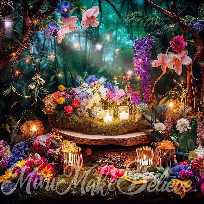Kate Painterly Fine Art Fairy Lights Enchanted Forest at Night Backdrop Designed by Mini MakeBelieve