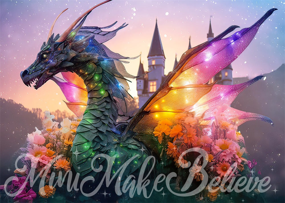 Kate Painterly Fine Art Enchanted Dragon Castle with Flowers Backdrop Designed by Mini MakeBelieve
