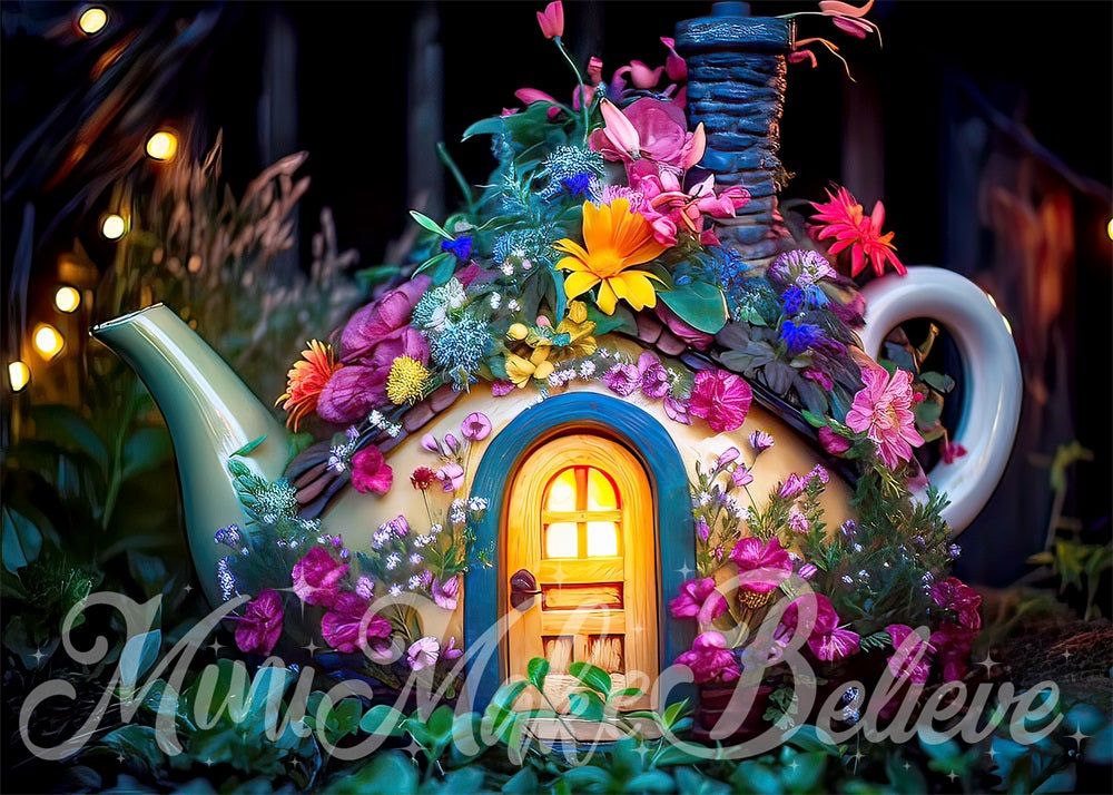 Kate Painterly Fine Art Enchanted Fairy Teapot House with Flowers Backdrop Designed by Mini MakeBelieve