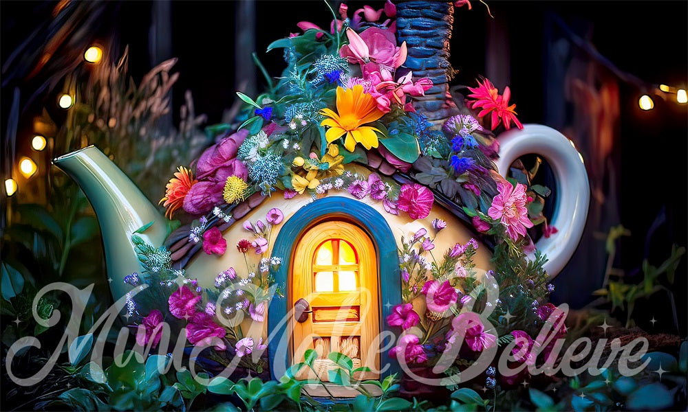 Kate Painterly Fine Art Enchanted Fairy Teapot House with Flowers Backdrop Designed by Mini MakeBelieve