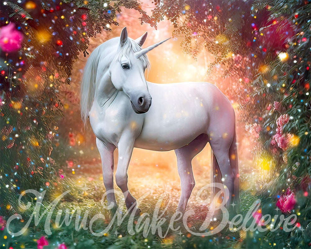 Kate Painterly Fine Art Enchanted Unicorn Forest with Floral Backdrop Designed by Mini MakeBelieve