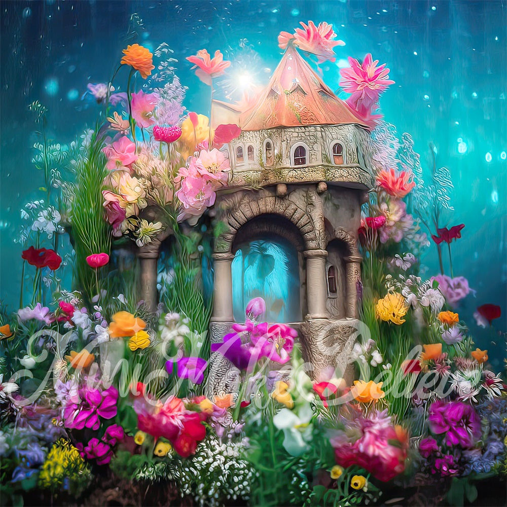 Kate Painterly Fine Art Underwater Enchanted Majestic Mermaid Castle with Floral Backdrop Designed by Mini MakeBelieve