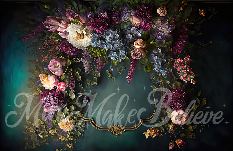 Kate Fine Art Floral Dark Teal with Gold Trim Backdrop Designed by Mini MakeBelieve