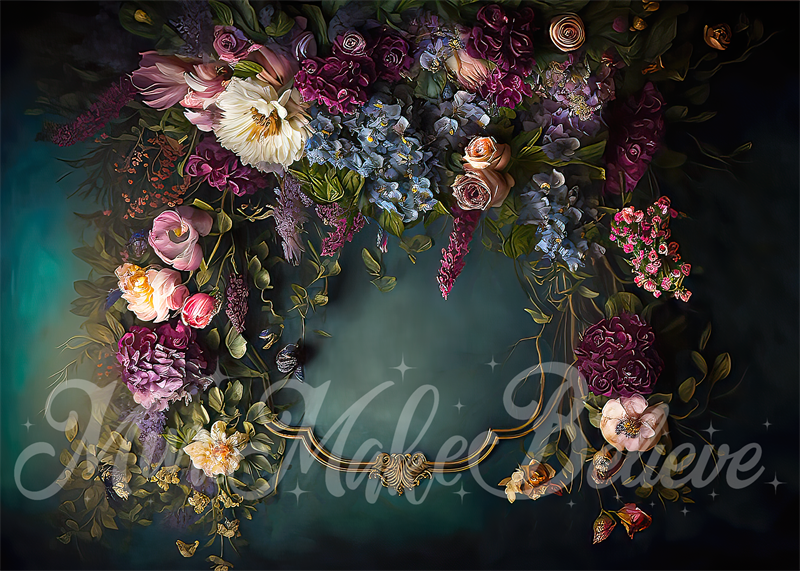 Kate Fine Art Floral Dark Teal with Gold Trim Backdrop Designed by Mini MakeBelieve