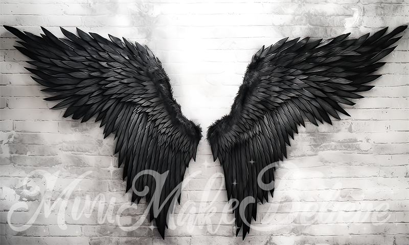 Kate Painterly Dark Angel Wings on Distressed White Brick Backdrop Designed by Mini MakeBelieve