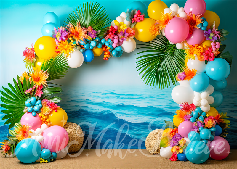 Kate Painterly Fine Art Beach Flower and Balloon Arch Cake Smash Birthday Backdrop Designed by Mini MakeBelieve