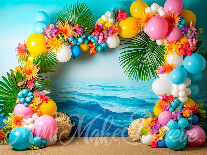 Kate Painterly Fine Art Beach Flower and Balloon Arch Cake Smash Birthday Backdrop Designed by Mini MakeBelieve