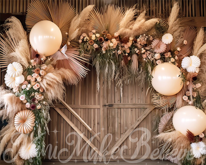 Kate Painterly Fine Art Boho Flower and Big Balloon Arch in Barn Cake Smash Birthday Backdrop Designed by Mini MakeBelieve